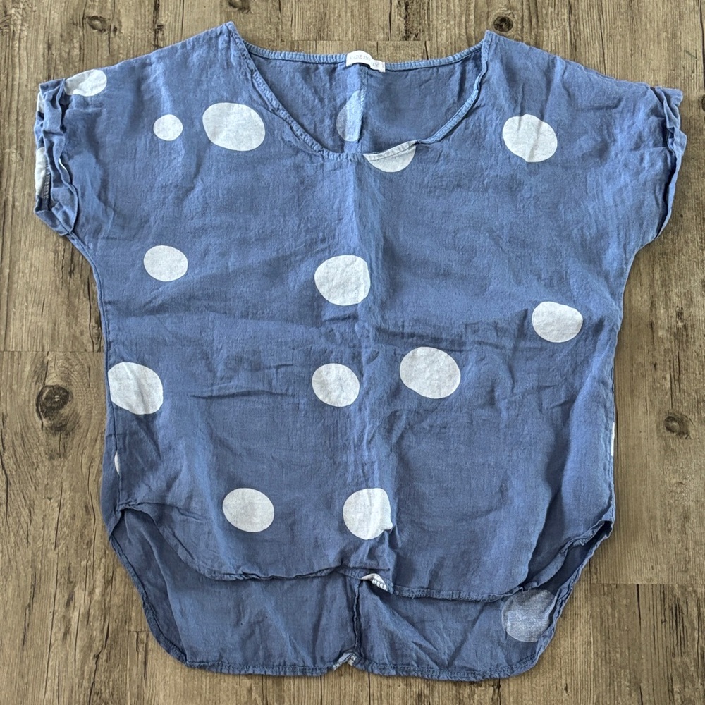 100% Linen polka dot tunic top shirt blue white made in Italy M-L Italian flax